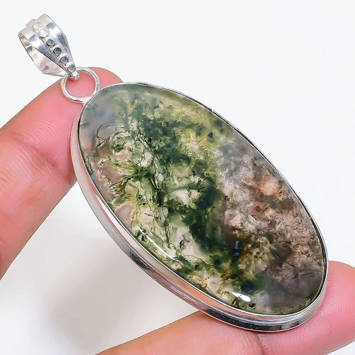 Natural Moss Agate Gemstone 925 Sterling Silver Jewelry Pendant 2.88" N542