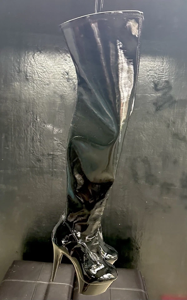 Botas W’s Ellie Negras Strechy Brillantes 6 pulgadas Tacones Altos Plataforma Sobre la Rodilla 10 Foto 3 de 4