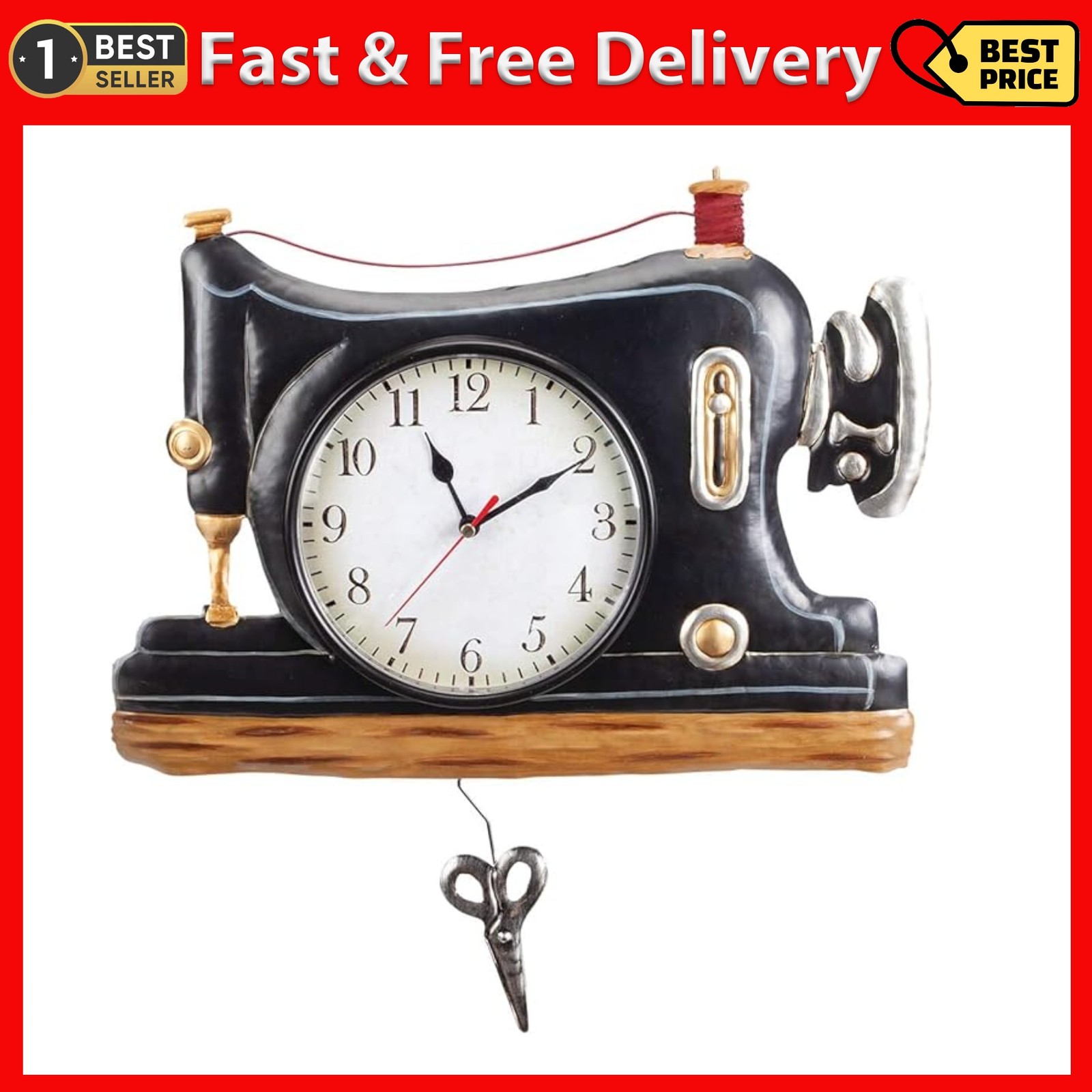 Vintage Style Sewing Machine Pendulum Metal Wall Clock Analog Retro Home Decor