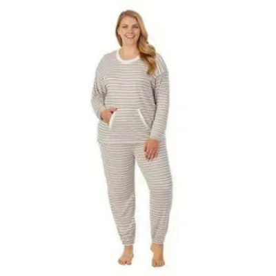 Cuddl Duds Womens Beige Striped Knit Long Sleeve Pajamas 2 Pc Set Plus Sz 3X New