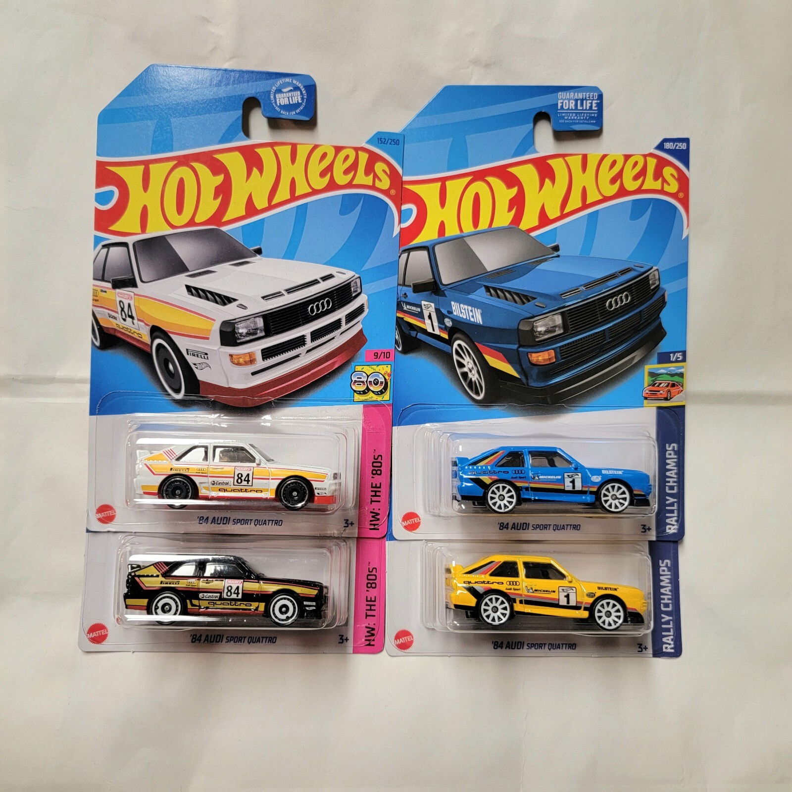 Hot wheels 2022 '84 Audi Sport Quattro Yellow +Blue 2023 White + Black -4pcs