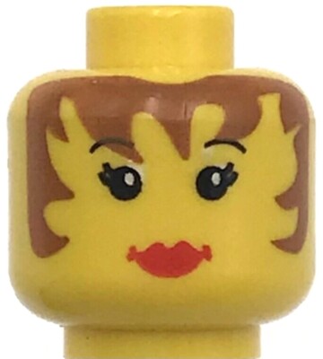 Lego New Yellow Minifigure Head Female Brown Hair down Sides Red Lips Pattern 
