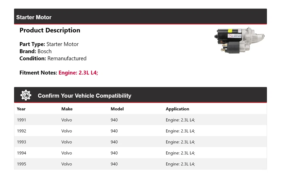 Arranque Bosch para Volvo 940 1991-1995 2,3 L L4 (remanufacturado) 1992 1993 1994 Foto 2 de 4
