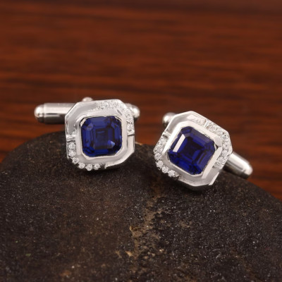 Asscher Cut Lab Created Blue Sapphire Men's Cufflinks 14K White Gold Plated