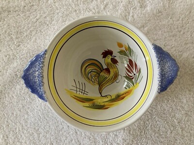 Henriot Quimper Rooster Le Coq Ancien Lug Bowl Soup 5 inches Round with handles