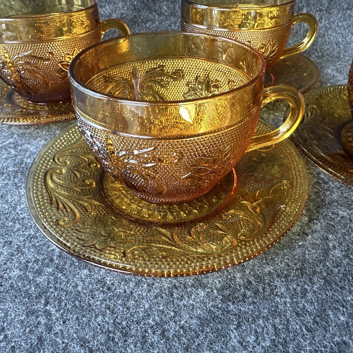Vintage 1970 Indiana Glass Tiara Amber Sandwich Glass ~ Four Cup