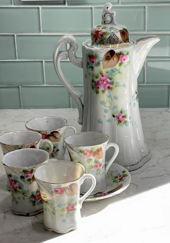Antique Lidded Chocolate Pot Cups Saucer Hand Painted Japan ~ Lot Of 7