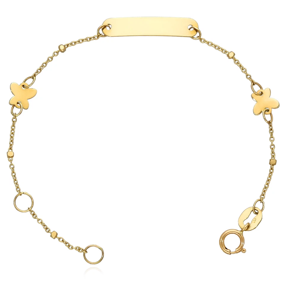 Kids 14K Yellow Gold Custom ID Bar Butterfly Bracelet Solid Links 4.75-5.5" Adj - Image 2 of 4