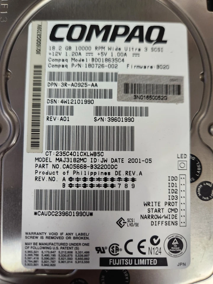 COMPAQ 3.5" 18.2GB 10K RPM Hard Drive: BD018635C4 Wide Ultra 3 SCSI - Image 2 of 4