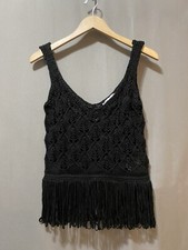 NWOT ZARA Women Crochet Chunky Open Knit Fringe Hem Sweater Tank Top SZ S Black