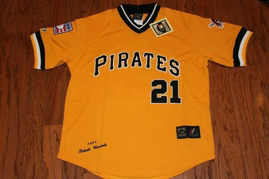 ROBERTO CLEMENTE Pittsburgh Pirates YELLOW #21 DUEL PATCH SEWN JERSEY NWT  2XL