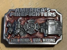 1983 AMERICA'S FIREFIGHTERS BELT BUCKLE -EVER READY EVER WILLING Colorful Enamel