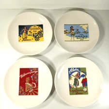Set 4 Pottery Barn Aloha Girls 8" Plate Set w/Rattan Storage Box