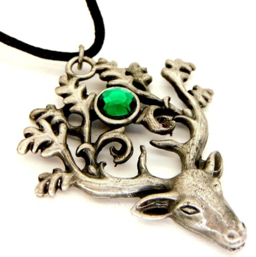 Greenwood Stag Lord Amulet Pendant Necklace Pewter Green Crystal GW08 - Zdjęcie 1 z 1
