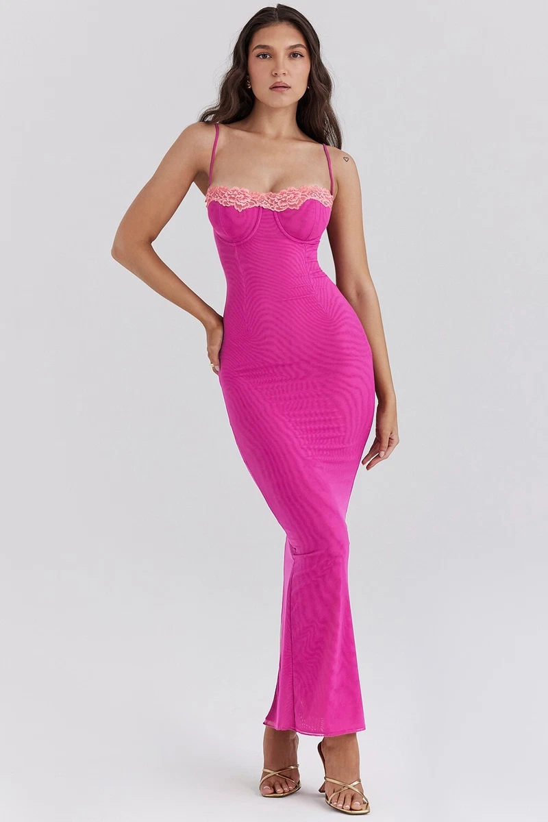 strapless open back dress Lace-Trim Satin Floral Maxi Dress Pink/Multi / Xs
