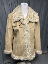 Vintage Esprit Tan Suede Leather Faux Fur Collar Coat Sz L Women Excellent Cond
