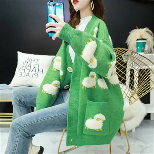 V Neck Coat Cartoon Knit Sheep Female Cute Loose Cardigan Autumn Women Sweater - Picture 1 of 18