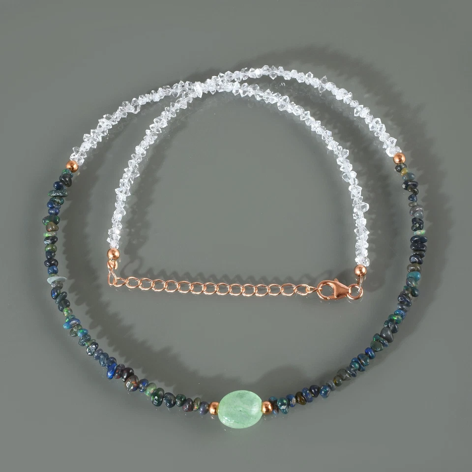 Collar de cadena de 18" de plata 925 con cuentas de diamantes sin cortar de ópalo negro natural y Herkimer Foto 2 de 4