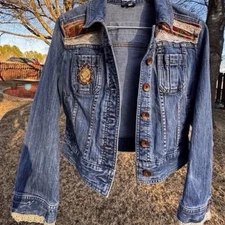 Express “Whimsical Desert Rose” Bohemian Lace Trim Broach Denim Jacket (Small)