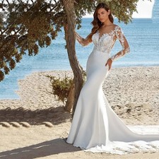 Glamorous Sheer O Neck Wedding Dress Lace Long Sleeves Bridal Gown Open Back