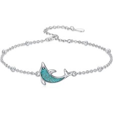 Sterling Silver Dolphin Anklet With Turquoise Inlay Adjustable Chain