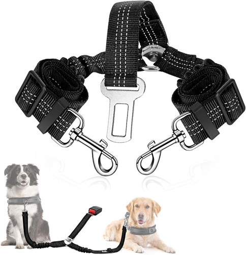 Double Dog Seat Belt, Adjustable Elastic Dog Car Harness Seatbelt with Anti-Shoc
