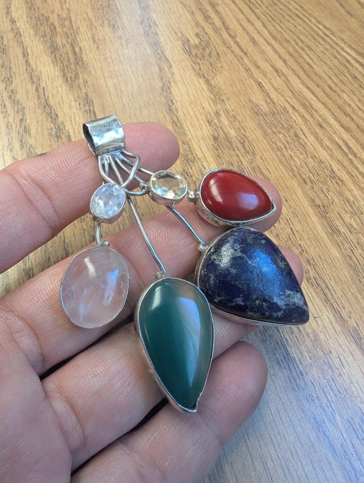 Handmade Silver Multi Gemstone Statement Pendant … - image 1