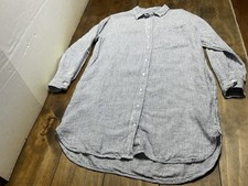Quince Women 100% European Linen Shirt Dress Blue Pinstripe Roll Tab Sleeve M