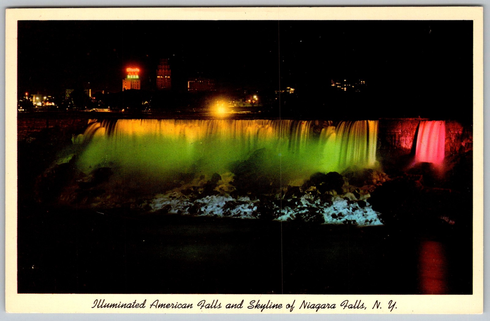 Vtg Postcard Illuminated American Falls Night Niagara Falls, NY 1950s