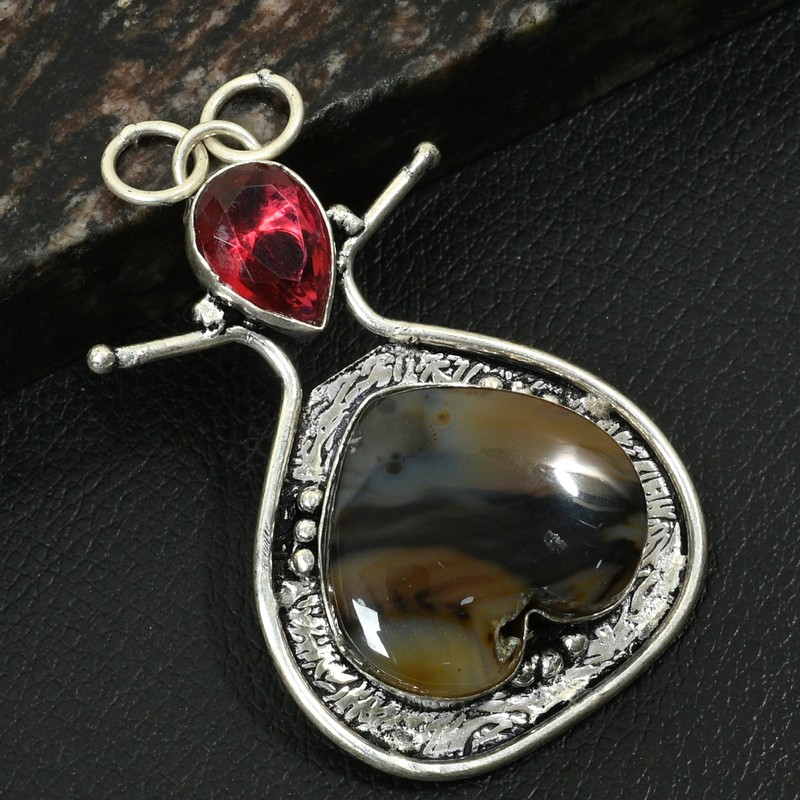 Botswana Agate Garnet Gemstone Handmade Heart Pendant Jewelry Gift 2.4" AP-37648