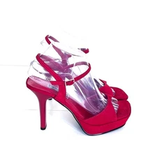 Vintage 90s Y2K Bakers Suede Heels Size 7.5B Red Platform Retro Square Open Toe 