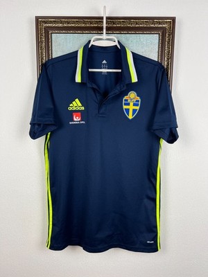 Adidas Sweden Football Train Polo Shirt Soccer Blue Jersey Mens Trikot Sz L