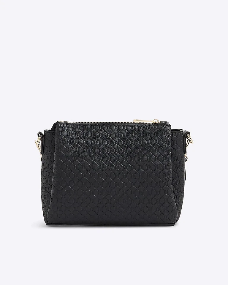 River Island Womens Crossbody Bag Black Pocket Front Ri Monogram Print Zip - Image 2 of 4