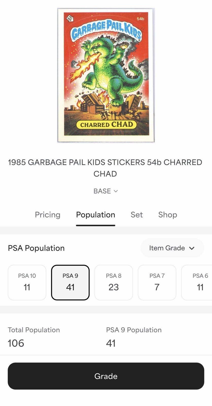 1985 Garbage Pail Kids Charred Chad #54b PSA 9 Mint Matte Pop 41 OS2 GPK Topps view 4