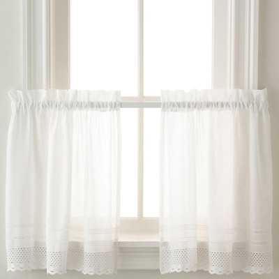 Peri Home White Crochet Cafe Kitchen Curtain Window Tier Pair, Rod Pocket, 29W X