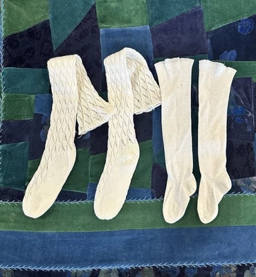 Vintage White Cotton Child’s Long Stockings c 1920s–30s 19" long Leafy Pointelle - Photo 1/4