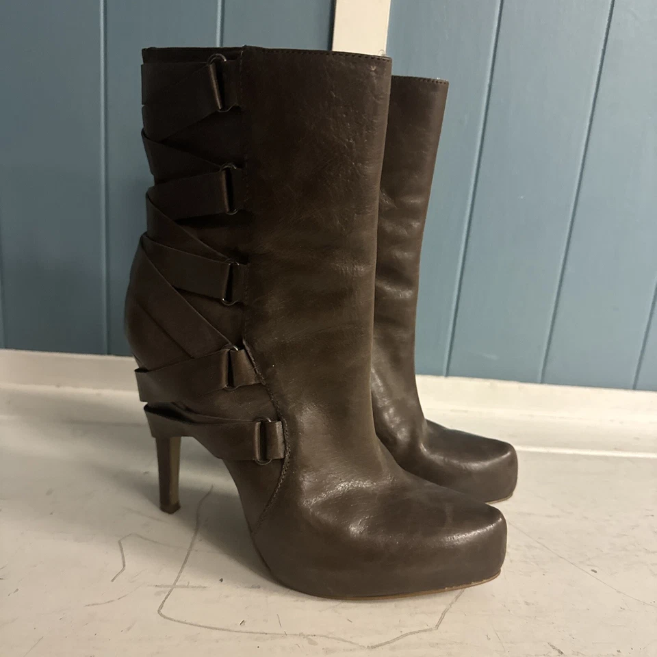 BOUTIQUE 9 - Botines de plataforma de diseñador de cuero marrón talla 8 para mujer botas de tacón Foto 4 de 4