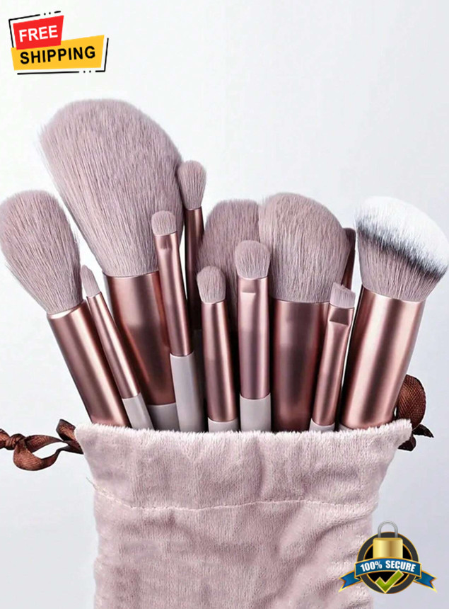 13Pcs Professional Makeup Brush Set With Bag & Sponge For Face & Eye Beauty