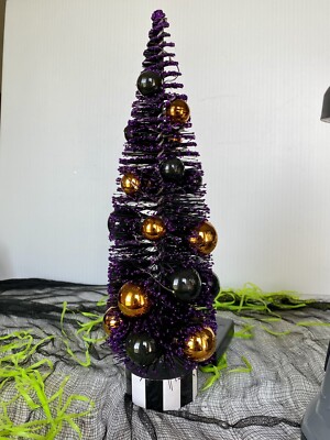 Halloween Light Up Bottle Brush Decorated Tree Orange Fall Decor Table Top Tall