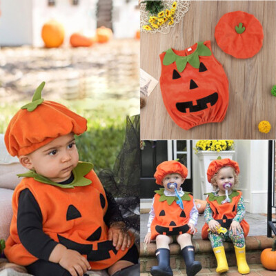 Newborn Baby Boys Girls Halloween Outfit Pumpkin Romper Hat Winter Clothes  Set
