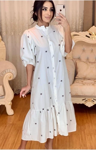 ZARA OYSTER WHITE PUFF SLEEVE MARIE FLORAL EMBROIDERED POPLIN RUFFLED MIDI DRESS - Picture 20 of 24