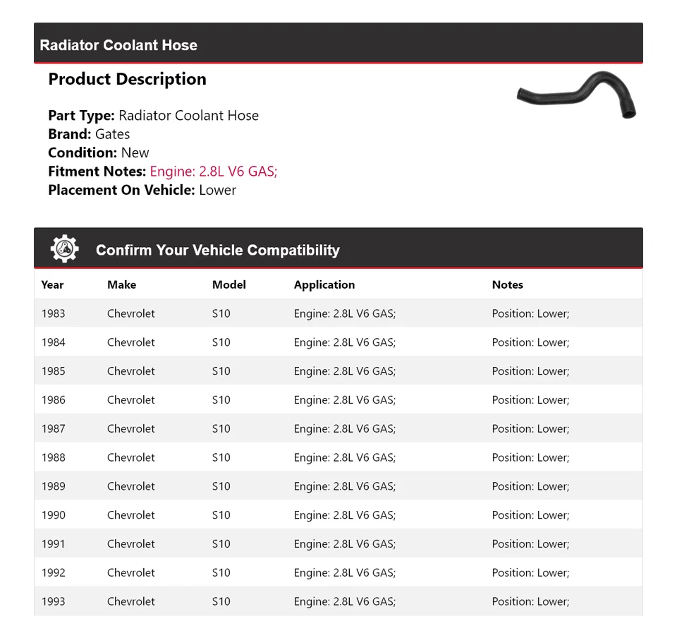Manguera de refrigerante de radiador de gas V6 2,8 L para Chevrolet S10 1983-1993 puertas inferiores 1984 Foto 2 de 4