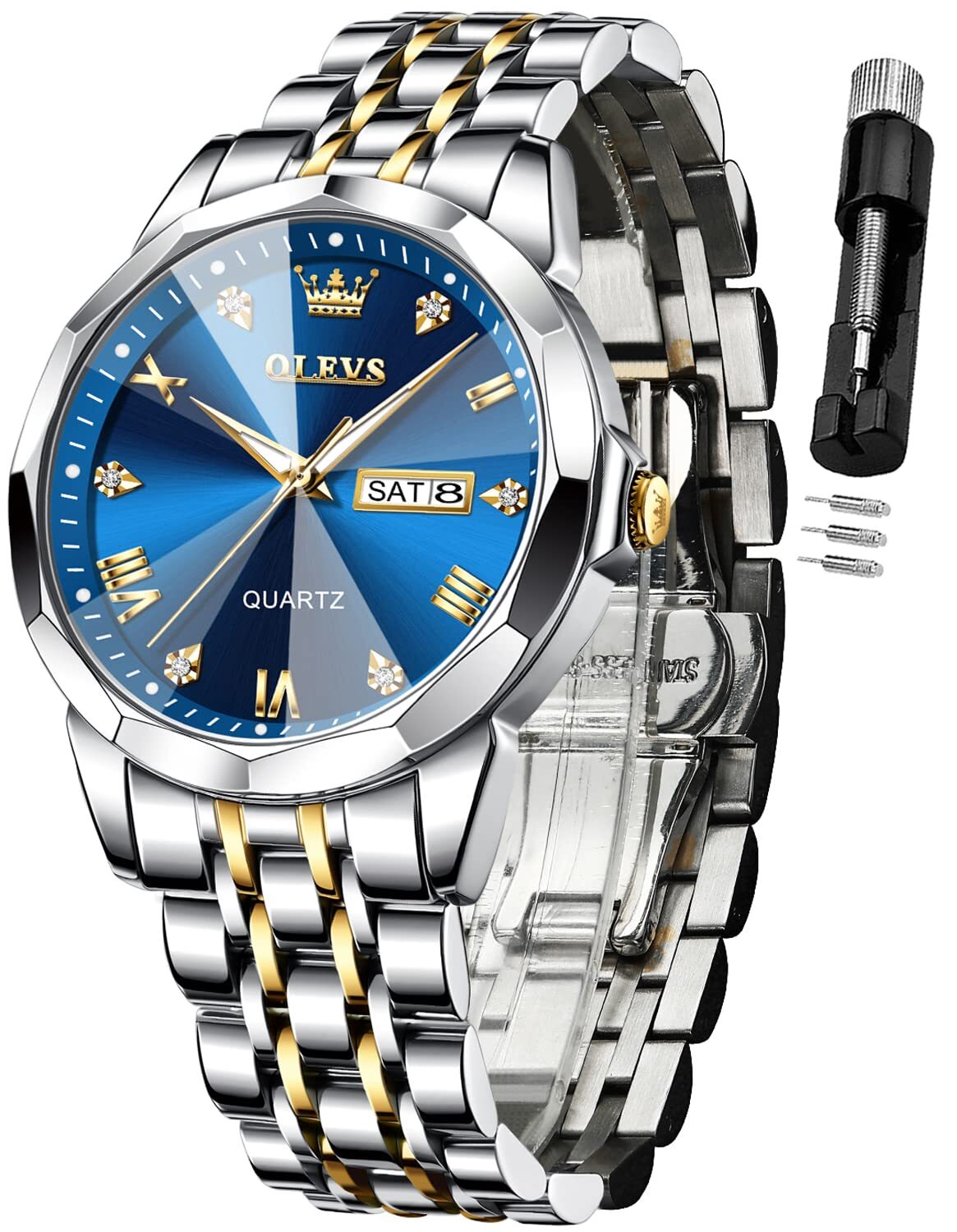 OLEVS Watch for Men Diamond Business Dress Analog Quartz Stainless Steel Wate...