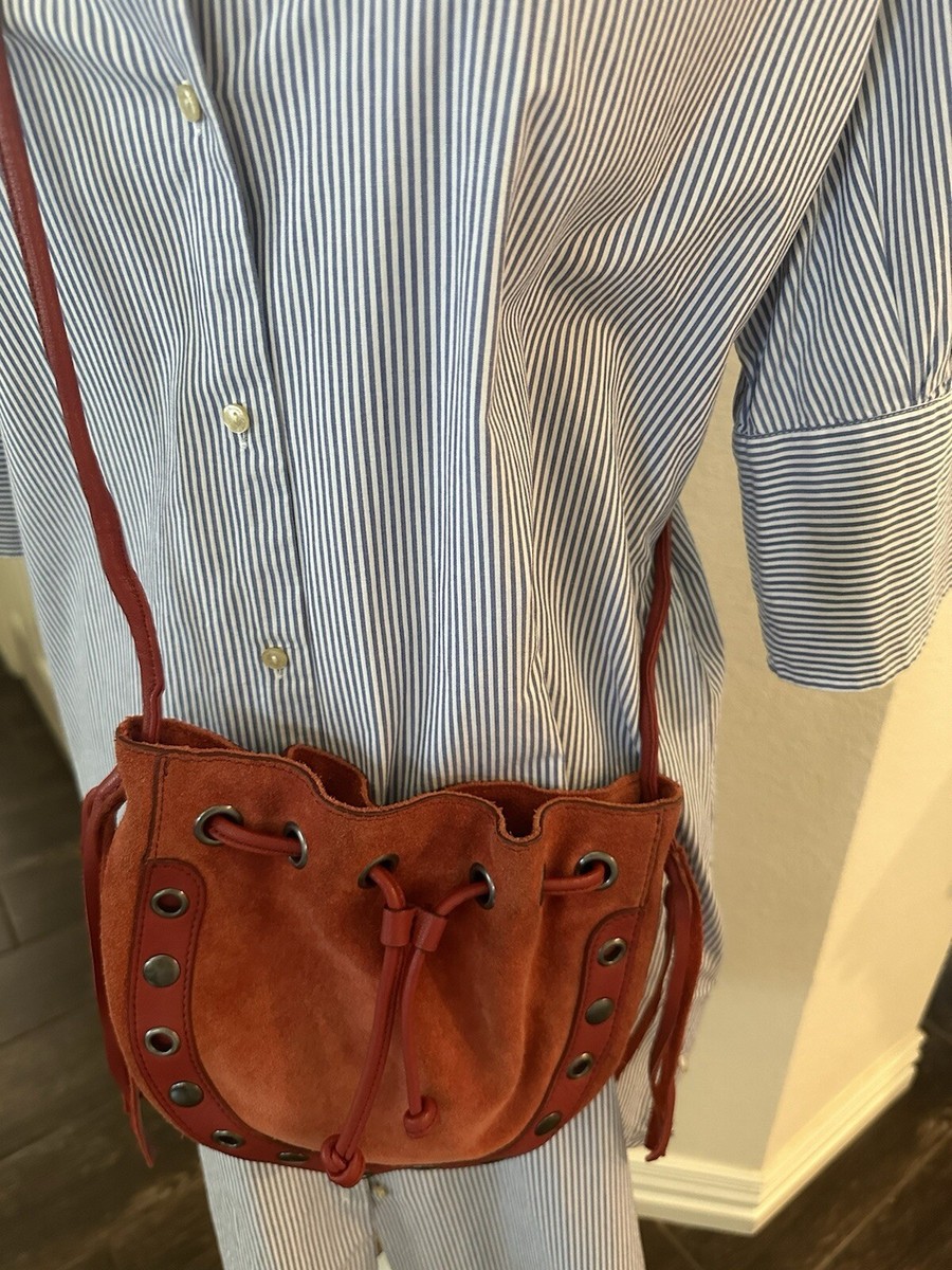 Lucky Brand Women's Bucket Purse Red Suede/Leather -Tassel