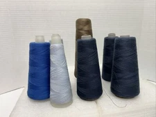 Lot Of 7 Cone Spool Cotton Sewing Machine Threads Dark Blue, Light Blue, Brown