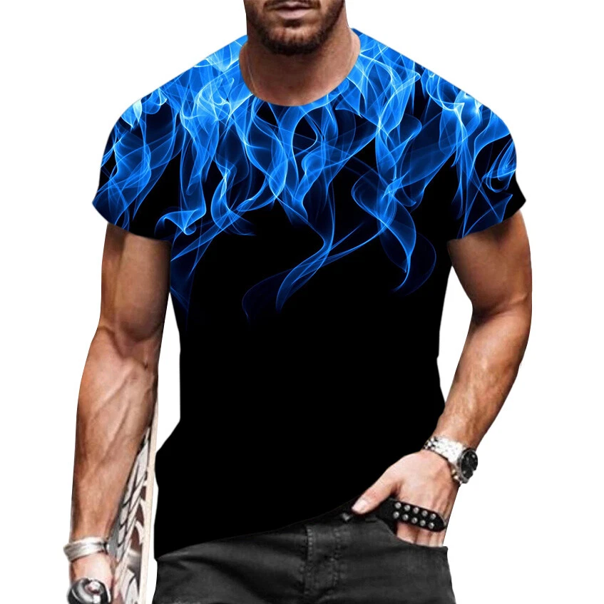 T Shirt Men Fashion Graphic Short Sleeve Black Blue Flame Smoke Streetwear Silky