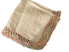 VINTAGE HANKY WHITE LINEN WITH WHITE PINK LIGHT GREEN HAND CROCHET EDGING