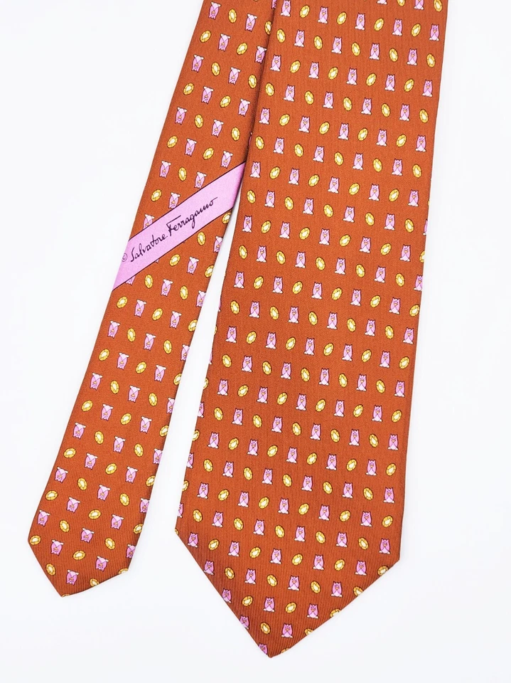 Corbata Salvatore Ferragamo Estampado Búho Seda Marrón Ancho 3 1/2" Foto 2 de 4