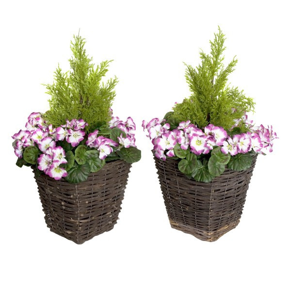 GreenBrokers 2x Artificial Purple Geranium Rattan Patio Planters 60cm/24in