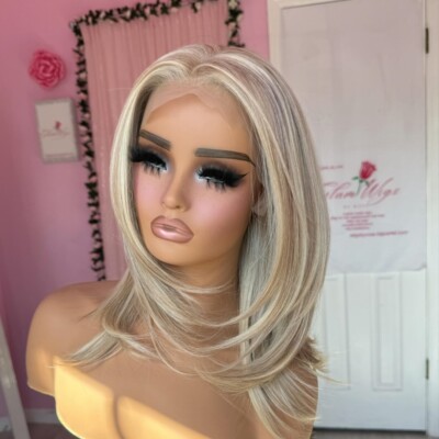 Highlight ash blonde Platinum Blonde Layered Cut Lace Front Wigs 100% Human Hair